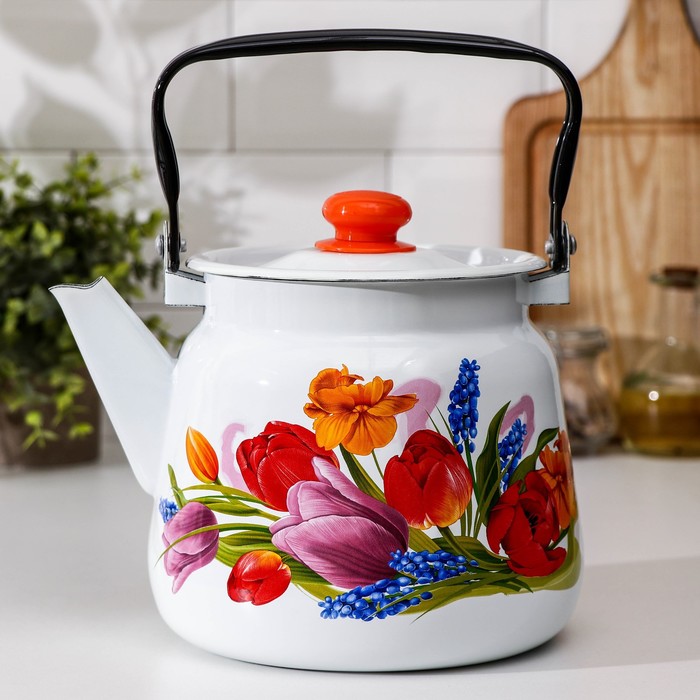 фото Чайник «тюльпан май», 3,5 л, с кнопкой, цвет белый сибирские товары