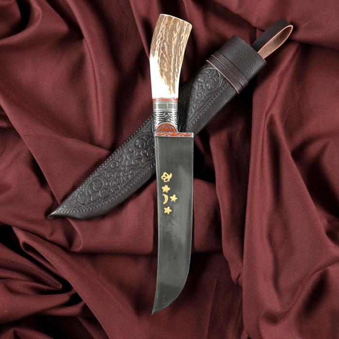 Нож Пчак Шархон - Большой, косуля, широкая рукоять, гарда олово гравировка. ШХ-15 (17-19 см) пчак большой косуля сталь у8 рог сухма гравировка