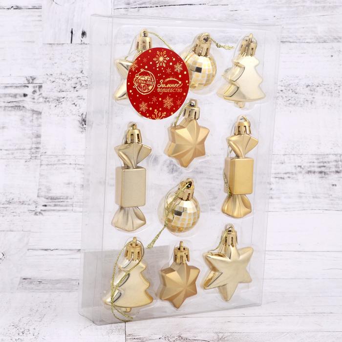 фото Набор украшений пластик 10 шт "сюрприз" (4 звезды, 2 конфеты, 2 ёлки, 2 шара-4 см) золото зимнее волшебство