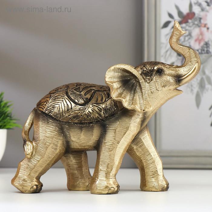 Сувенир полистоун Золотистый слонёнок с пальмовыми листьями на попоне 17,5х7х19 см