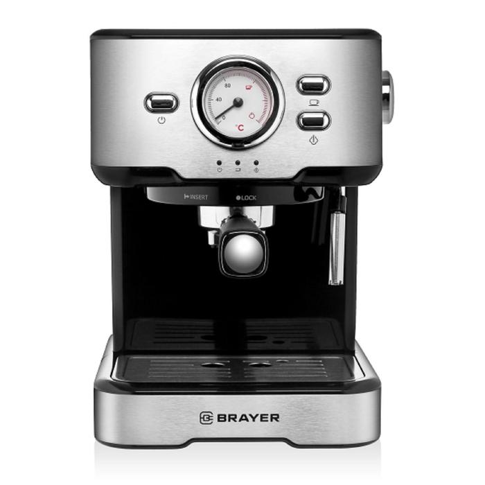 Кофеварка BRAYER BR1101, рожковая, 1500 Вт, 1.5 л, капучинатор, серебристая кофемашина brayer br1101