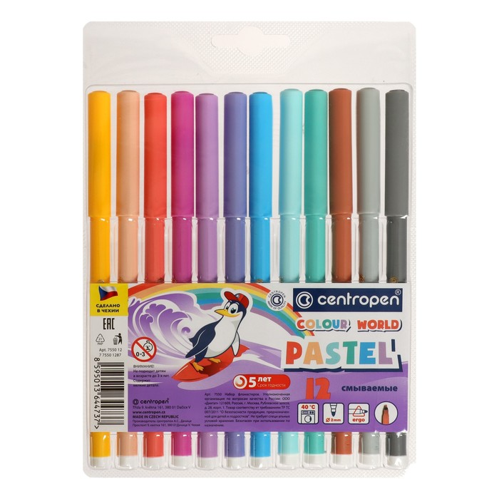 Фломастеры 12 цветов, Centropen Colour World Pastel 7550/12 TP, пастельные, в блистере