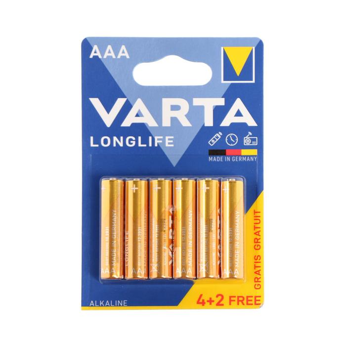 

Батарейка алкалиновая Varta LongLife, AAA, LR03-6BL, 1.5В, блистер, 4+2 шт.