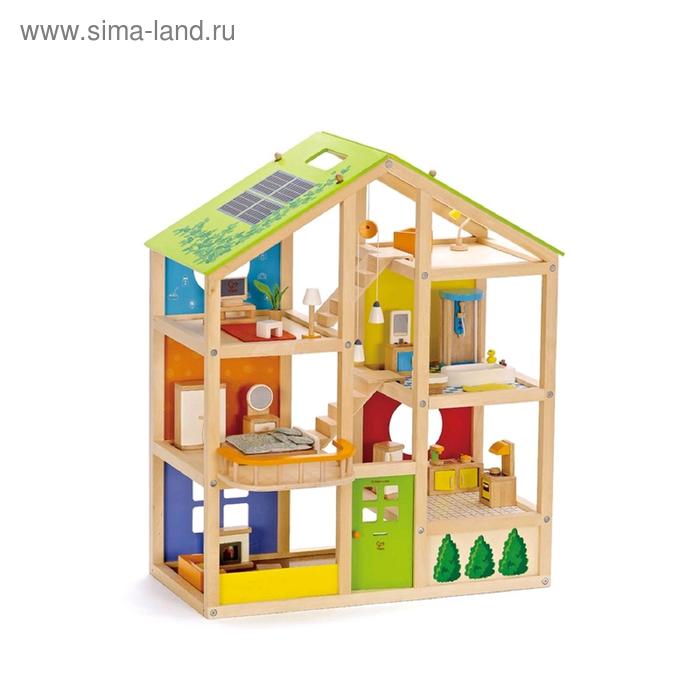 Домик кукольный Hape All Season House, трёхэтажный, с мебелью трёхэтажный кукольный домик с мебелью балконом террасой 3 милых зверушки в подарок игровой набор из 277 деталей