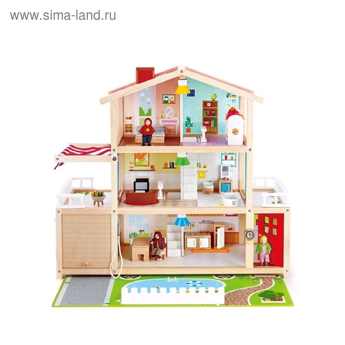 Домик кукольный Hape «Семейный особняк», трёхэтажный, со светом, с куклами и мебелью домик кукольный деревянный kidkraft особняк мечты трёхэтажный с мебелью