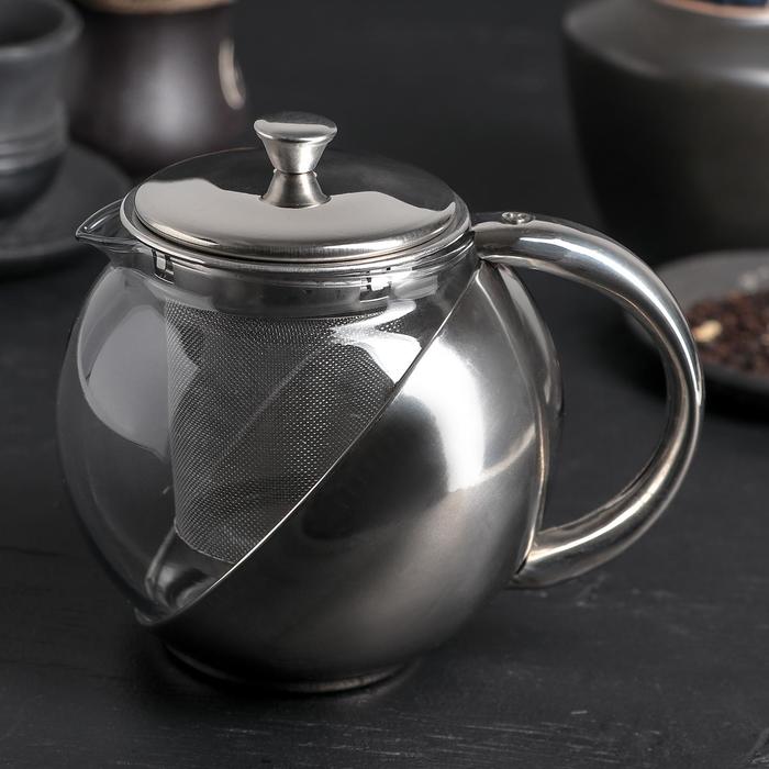 чайник стеклянный заварочный вдохновение 500 мл с металлическим ситом цвет чёрный Чайник стеклянный заварочный с металлическим ситом «Металлик», 500 мл
