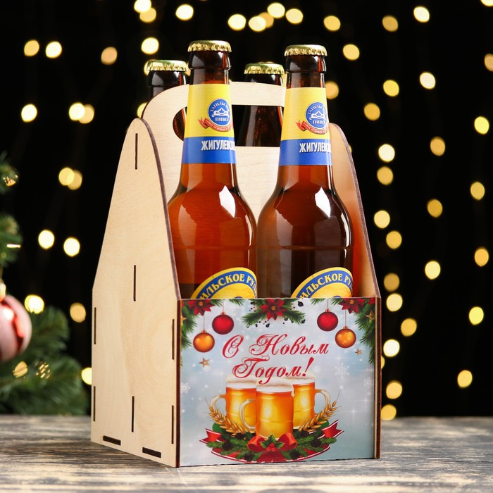 Ящик под пиво "С Новым годом!" кружки пива, снежинки