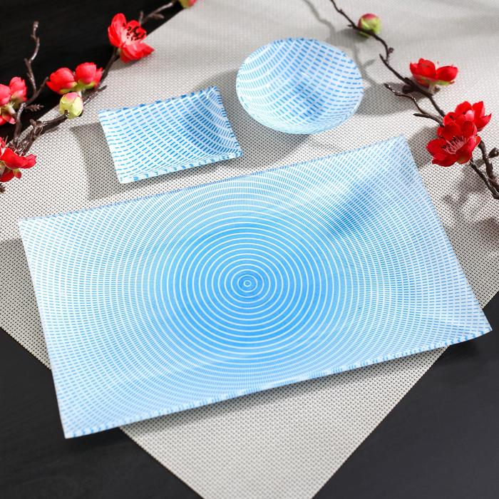 Набор для суши из стекла Доляна «Мерцание», 3 предмета: соусники 8×2 / 8×6 см, подставка 25×15 см, цвет голубой