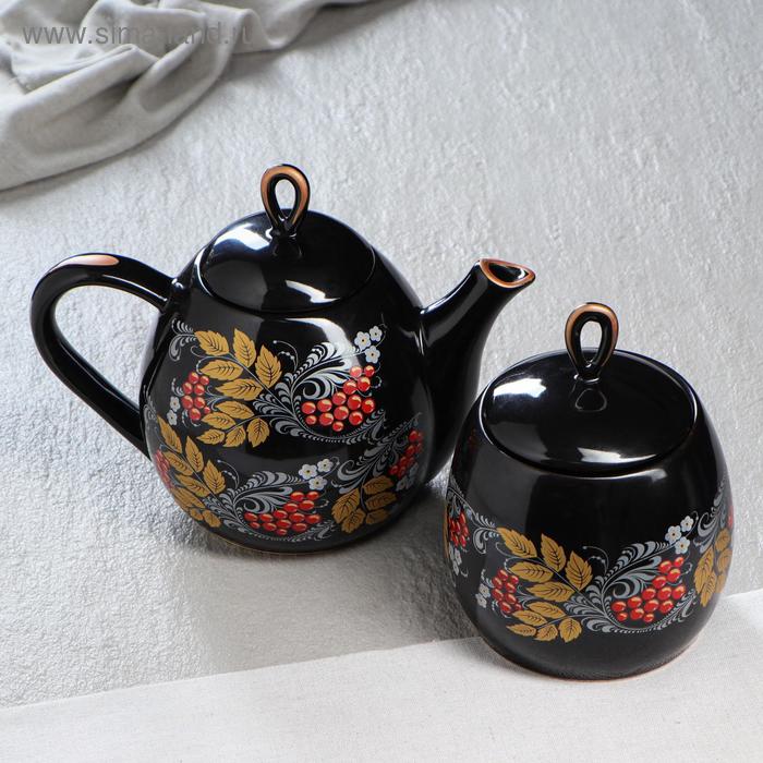 фото Чайная пара "петелька" чайник 1,1 л, сахарница 0,8 л, черная глазурь, рябина керамика ручной работы