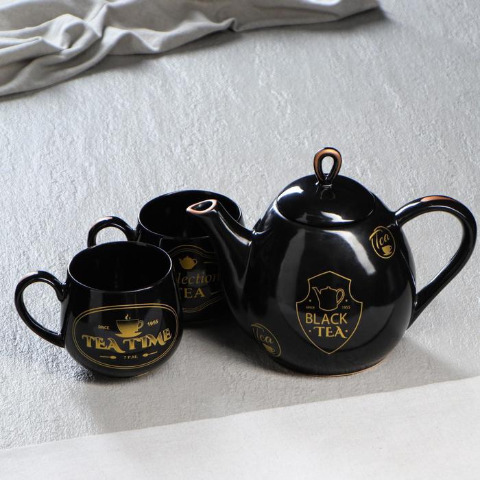 фото Набор чайный "петелька", 3 предмета: чайник 1.1 л, чашка 0.4 л, черная глазурь, рисунок чайный керамика ручной работы