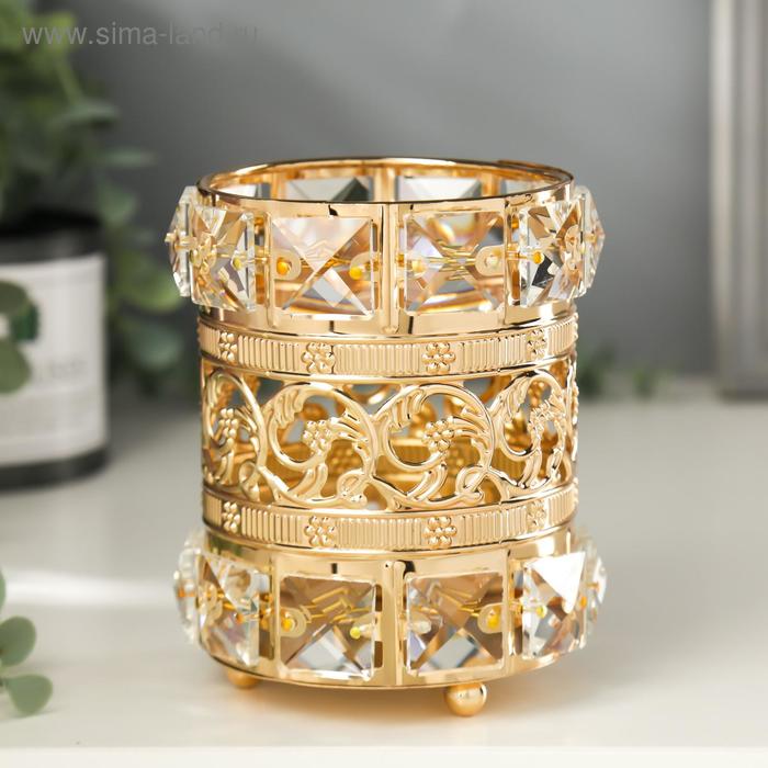 Подсвечник металл, стекло на 1 свечу Кристаллы и цветы золото 11,5х10х10 см