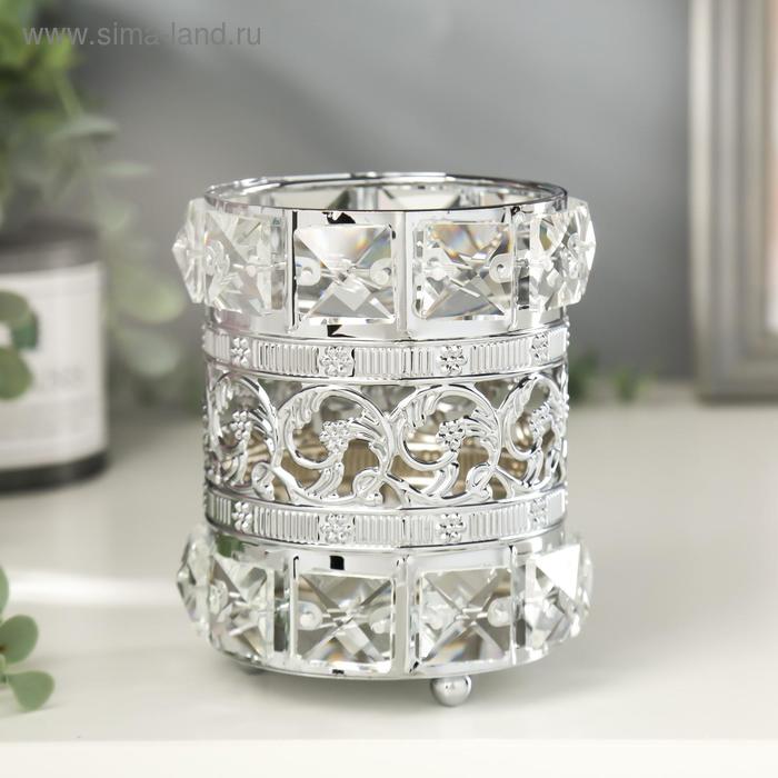Подсвечник металл, стекло на 1 свечу Кристаллы и цветы серебро 11,5х10х10 см