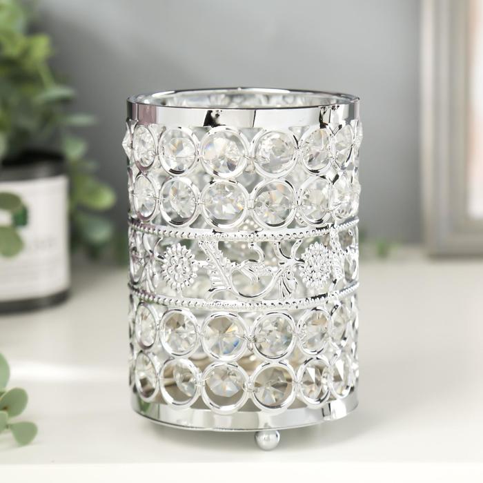 Подсвечник металл, стекло на 1 свечу "Кристаллы и подсолнухи" серебро 13х9х9 см