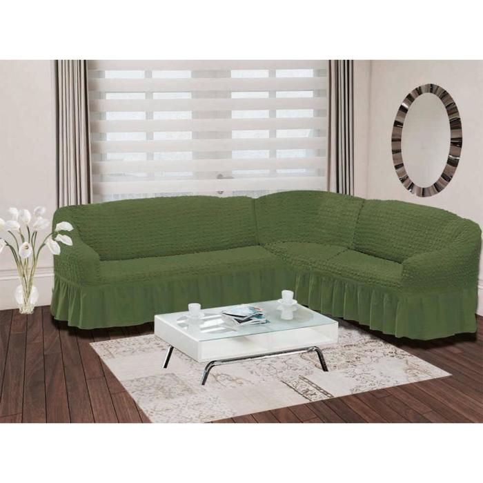 фото Чехол на диван bulsan угловой правосторонний, цвет зелёный karna