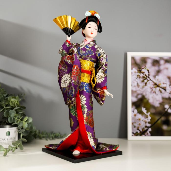Кукла коллекционная "Гейша в фиолетовом кимоно с веером" 42х16,5х16,5 см