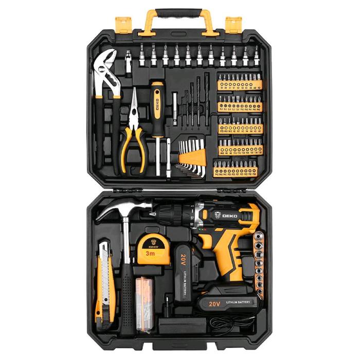 Дрель-шуруповерт DEKO DKCD20FU-Li и набор инструментов DEKO 20 В 2 Li-lon 195 предметов