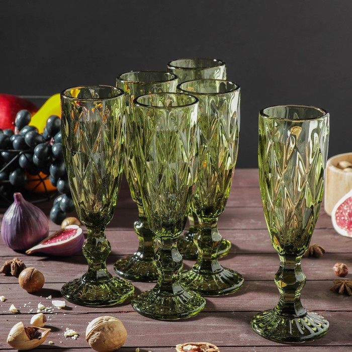 Набор бокалов из стекла для шампанского Magistro «Круиз», 160 мл, 7×20 см, 6 шт, цвет зелёный набор бокалов стеклянных для шампанского magistro ла манш 160 мл 7×20 см 6 шт цвет зелёный