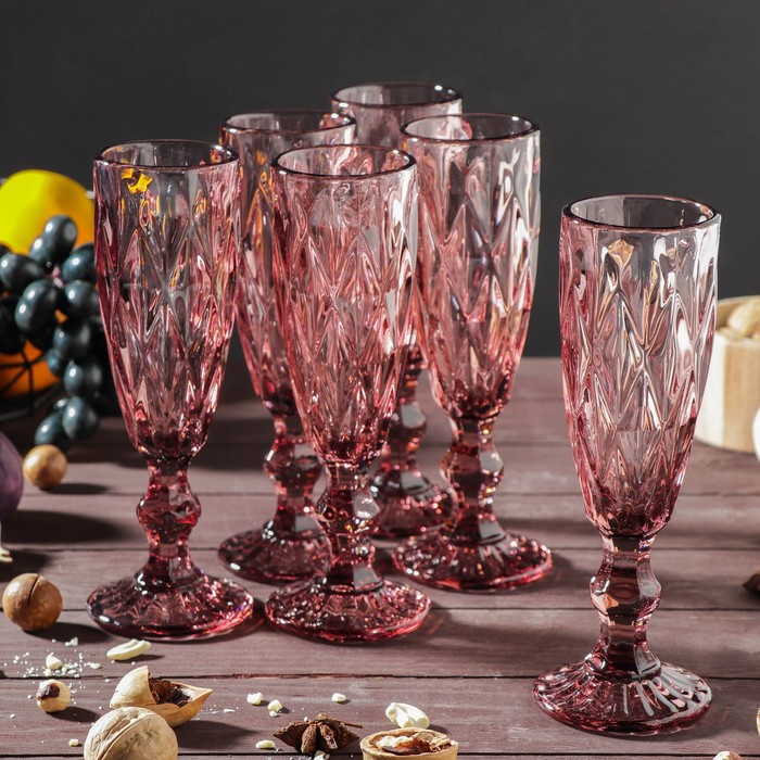 Набор бокалов из стекла для шампанского Magistro «Круиз», 160 мл, 7×20 см, 6 шт, цвет розовый набор бокалов стеклянных для шампанского magistro круиз 160 мл 7×20 см 2 шт цвет янтарный