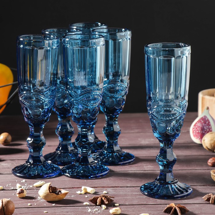 Набор бокалов из стекла для шампанского Magistro «Ла-Манш», 160 мл, 7×20 см, 6 шт, цвет синий набор бокалов стеклянных для шампанского magistro ла манш 160 мл 7×20 см 6 шт цвет зелёный