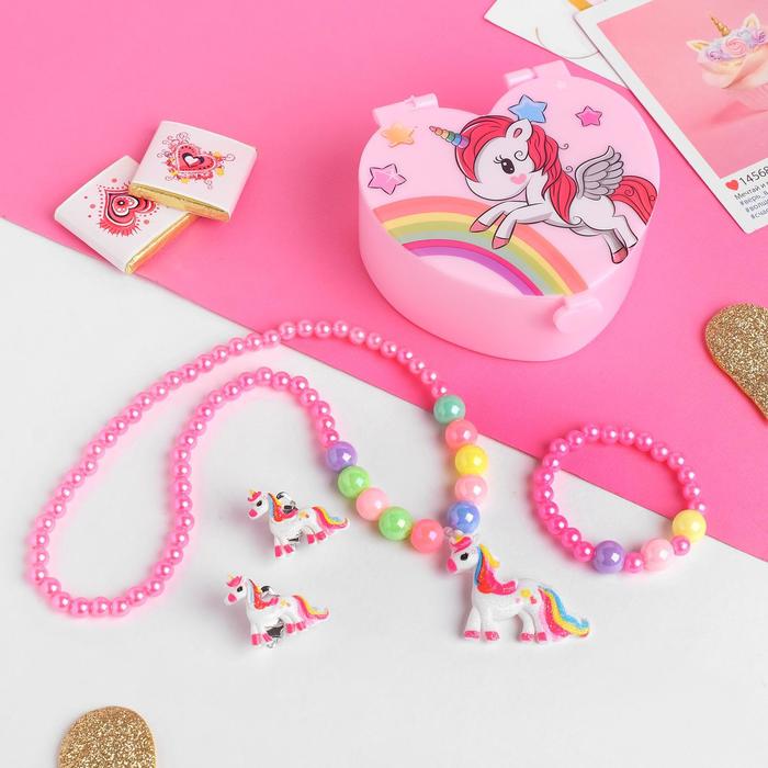 Комплект детский 3 предмета: клипсы, бусы, браслет "Шкатулка" с зеркалом, цветной