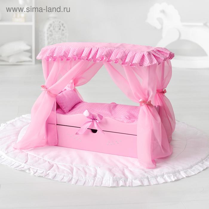 фото Игрушка детская: кроватка с царским балдахином, постельным бельем и выдвижным ящиком, цвет розовый манюня