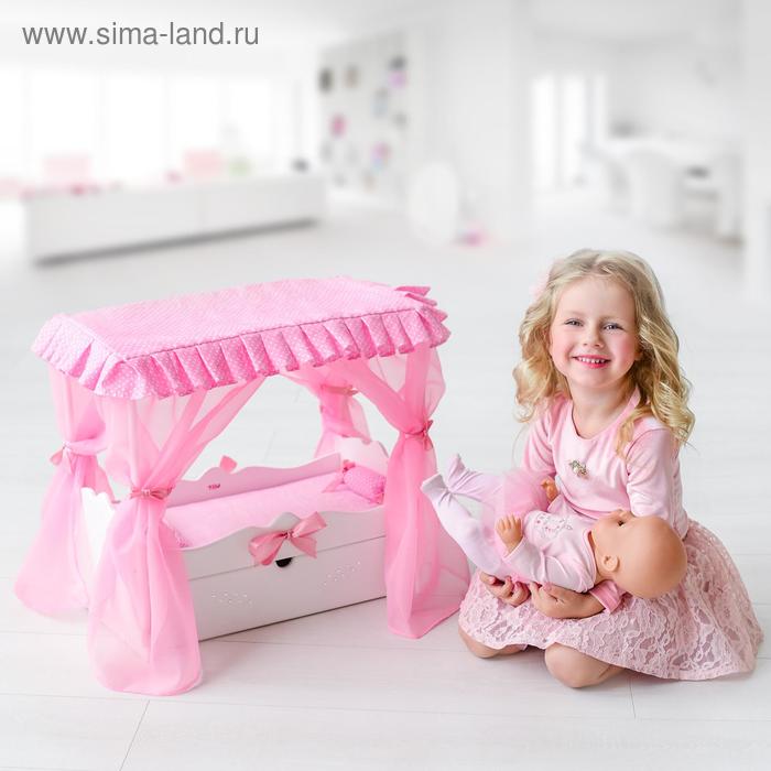 Игрушка детская: кроватка с царским балдахином, постельным бельем и выдвижным ящиком, цвет белый