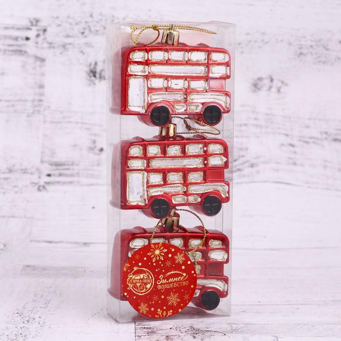 фото Украшение ёлочное "праздничный автобус" 6,5х4,5 см (набор 3 шт) красно-белый зимнее волшебство