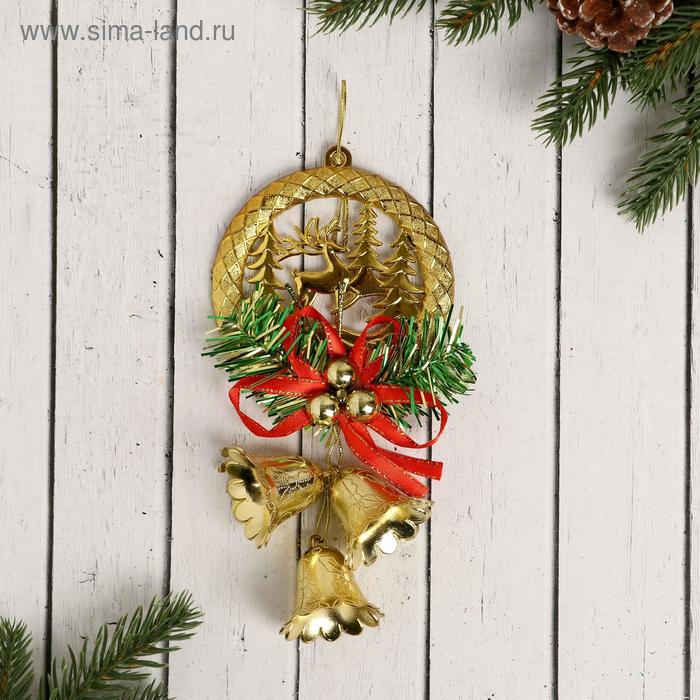Украшение новогоднее Колокольчик олень в лесу 9х18 см, красно-золотой
