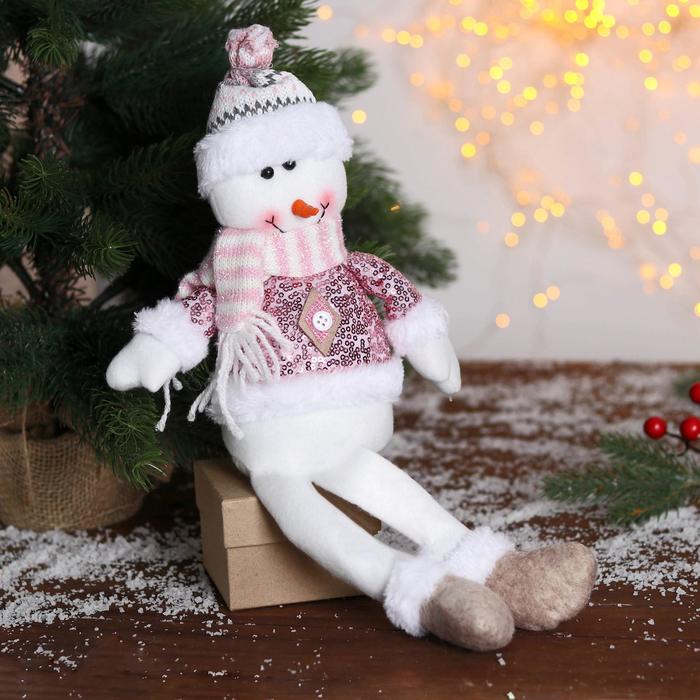 Мягкая игрушка Снеговик в розовых пайетках-длинные ножки 11х37 см, бело-розовый