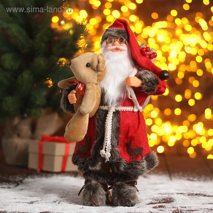 новогодние украшения maxitoys дед мороз в красной шубке с лыжами и подарками 30 см Дед Мороз В красной шубке с мишкой 30 см