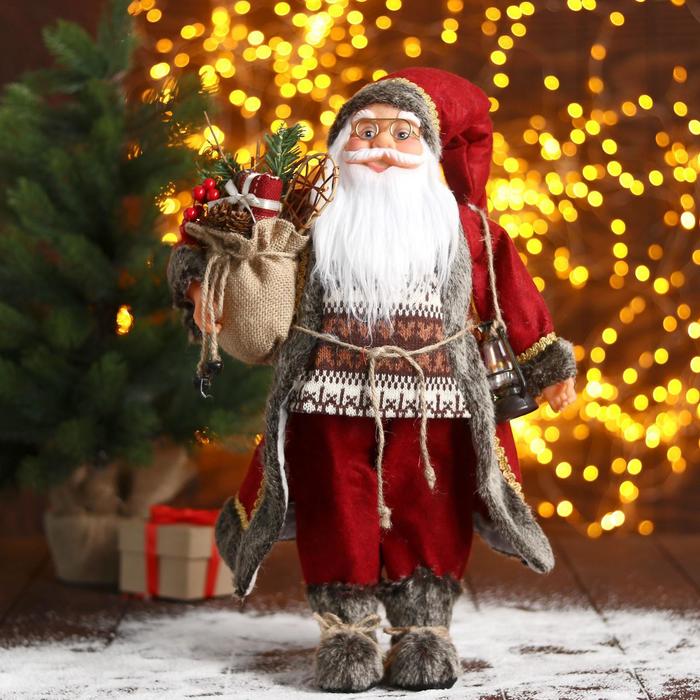 Дед Мороз В красной шубке с фонариком 45 см