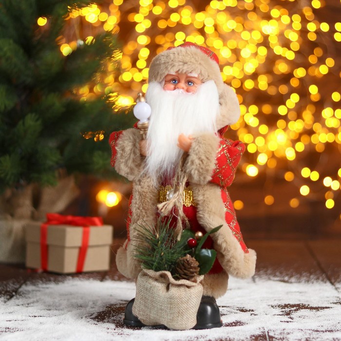 Дед Мороз В красной шубке в клетку с подарками двигается, 30 см