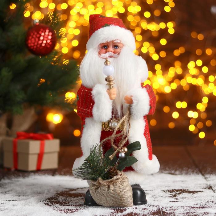 дед мороз в синей шубке с подарками двигается с подсветкой 38 см Дед Мороз В красно-белой шубке в клетку с подарками двигается, 17х30 см