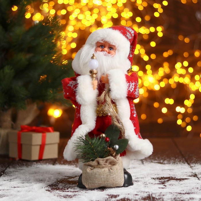 дед мороз в синей шубке с подарками двигается с подсветкой 38 см Дед Мороз В красной шубке в ёлочках с подарками двигается, 30 см
