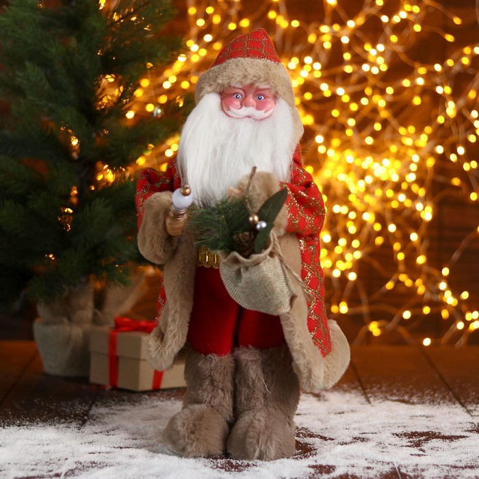Дед Мороз В красной шубке в клетку с подарками двигается, 40 см
