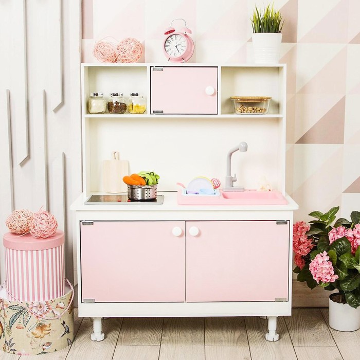 цена Игровая мебель «Детская кухня», интерактивная панель, раковина с водой, цвет розовый