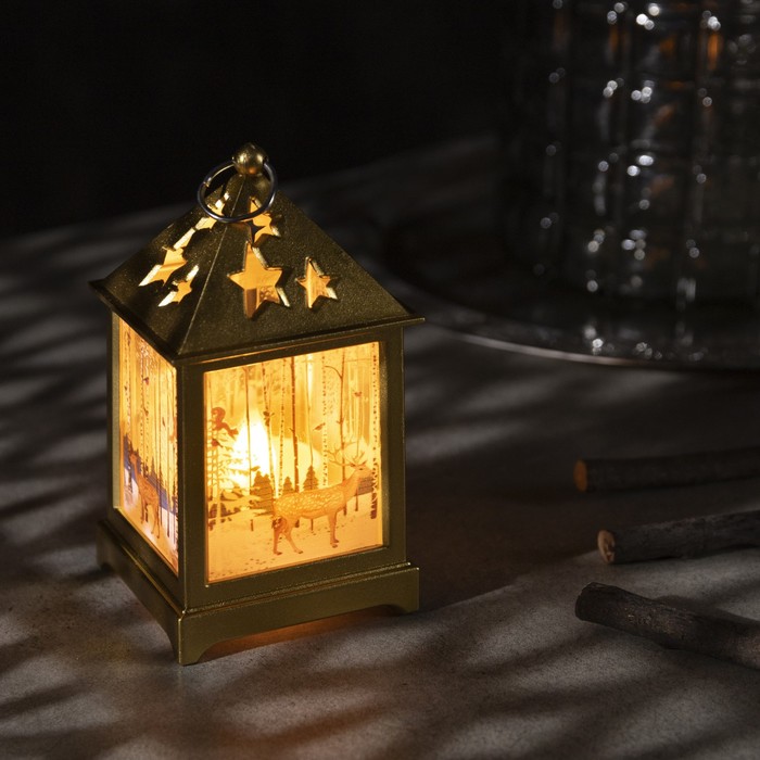 фото Фигура светодиодная "фонарь цвет золото с 1 свечой, олень в лесу", 13х6х6 см, 3хlr44,т/белый luazon lighting