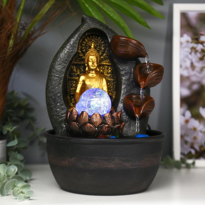 Фонтан настольный от сети, подсветка Золотой Будда с лотосом у водопада 28х19х19 см