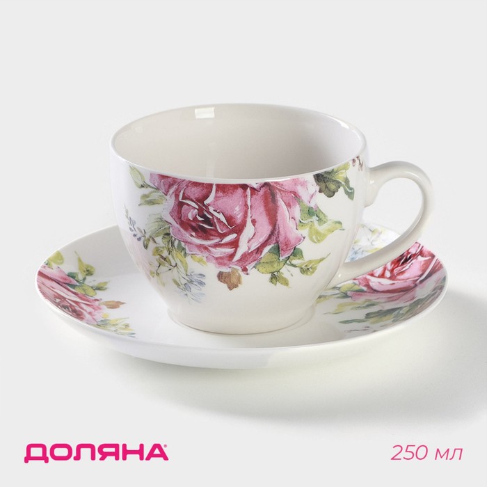 Чайная пара фарфоровая Доляна «Роза», 2 предмета: чашка 250 мл, блюдце d=15 см доляна чайная пара доляна лимон чашка 250 мл блюдце d 15 см