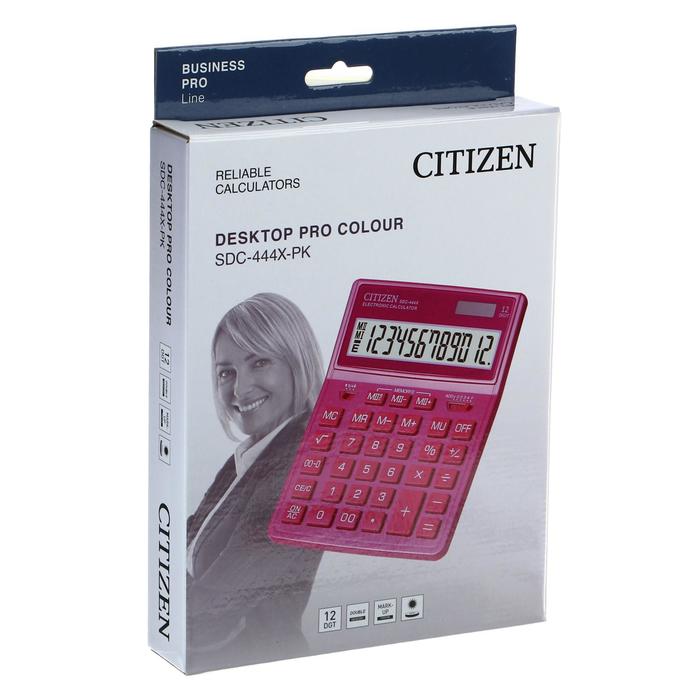 Калькулятор настольный Citizen 12-разр, 155*204*33мм, 2-е питание, розовый SDC-444XRPKE
