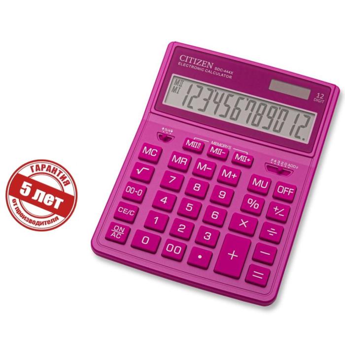 Калькулятор настольный 12-разрядный, Citizen Business Line SDC-444XRPKE, двойное питание, 155 х 204 х 33 мм, розовый
