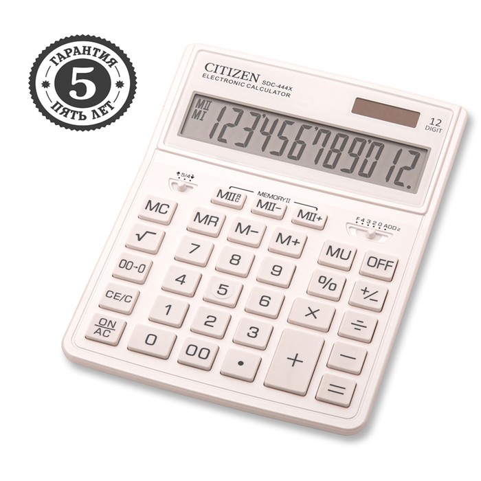 Калькулятор настольный Citizen SDC-444XRWHE, 12-разрядный, 155 х 204 х 33 мм, двойное питание, белый