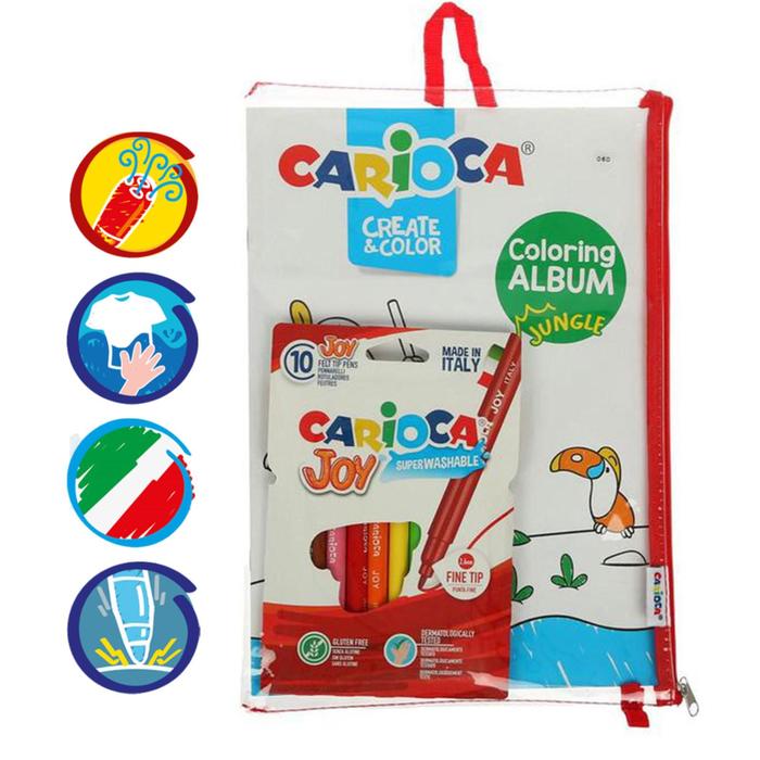 фото Набор для рисования carioca coloring album jungle & sea, 6 фломастеров + 1 раскраска + чехол