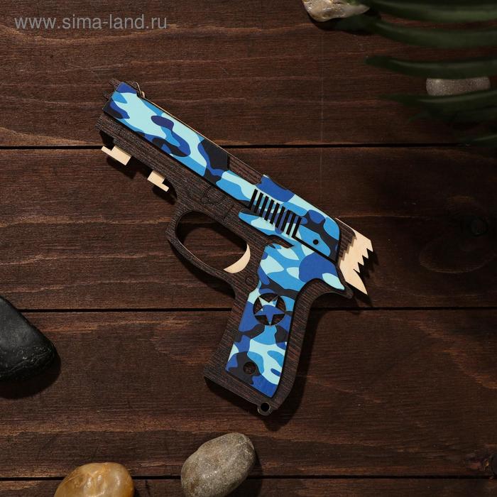 фото Сувенир деревянный «резинкострел, синий камуфляж» + 4 резинки дарим красиво
