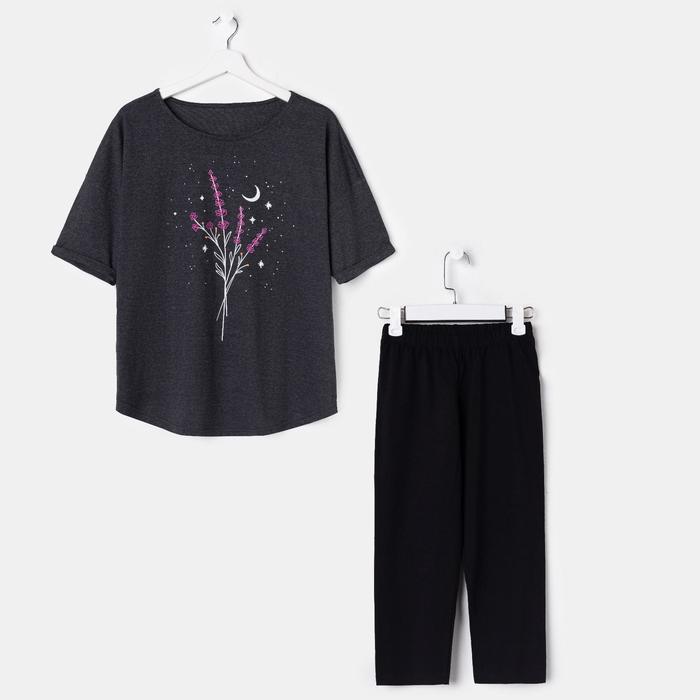 Комплект женский (футболка, леггинсы), цвет чёрный меланж/чёрный, размер 50