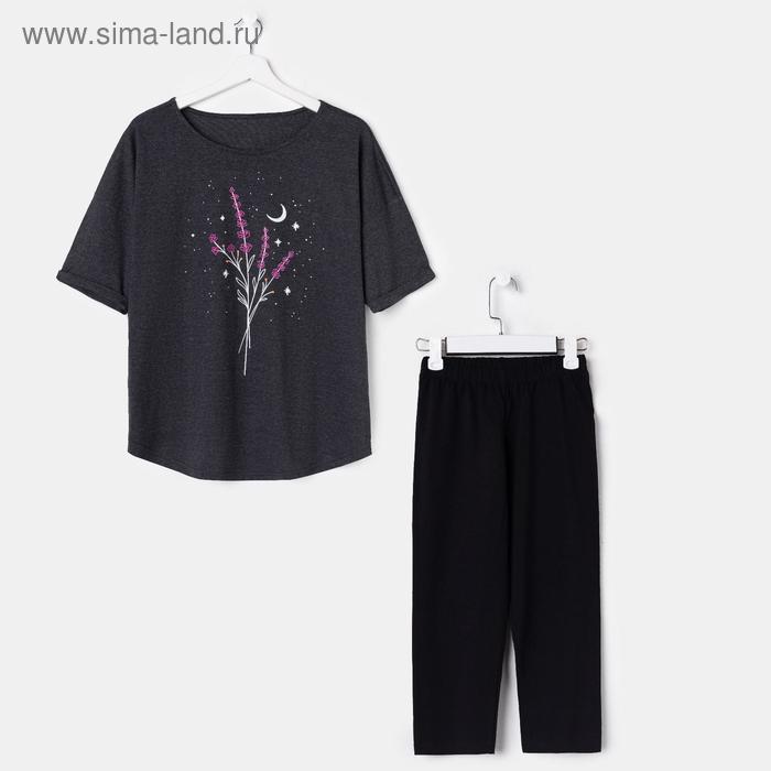Комплект женский (футболка, леггинсы), цвет чёрный меланж/чёрный, размер 52