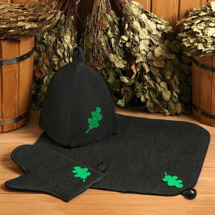 Набор для бани с аппликацией Дубовый лист шапка, рукавица, коврик (в пакете) подарочный набор для бани дубовый лист