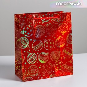 Пакет голография вертикальный «Новогодние игрушки», ML 23 × 27 × 11,5 см Ош