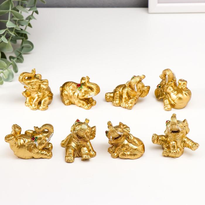 Сувенир полистоун Золотой слонёнок с цветочком набор 8 шт 5,5х4х4 см