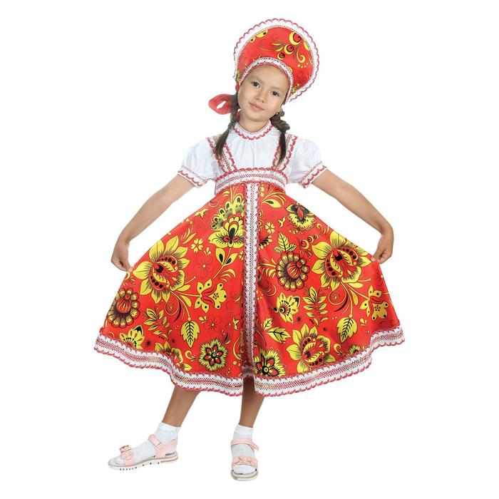 Русский народный костюм «Хохлома красная», платье, кокошник, р. 28, рост 98-104 см